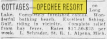 Opechee Motel (Opechee Resort, Opechees) - June 1935 Ad